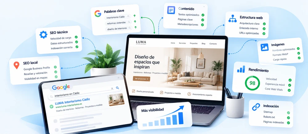Ilustración conceptual del trabajo de estructura, contenido, indexación y rendimiento SEO