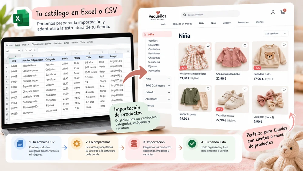 Ejemplo conceptual de importación de un catálogo Excel o CSV a una tienda