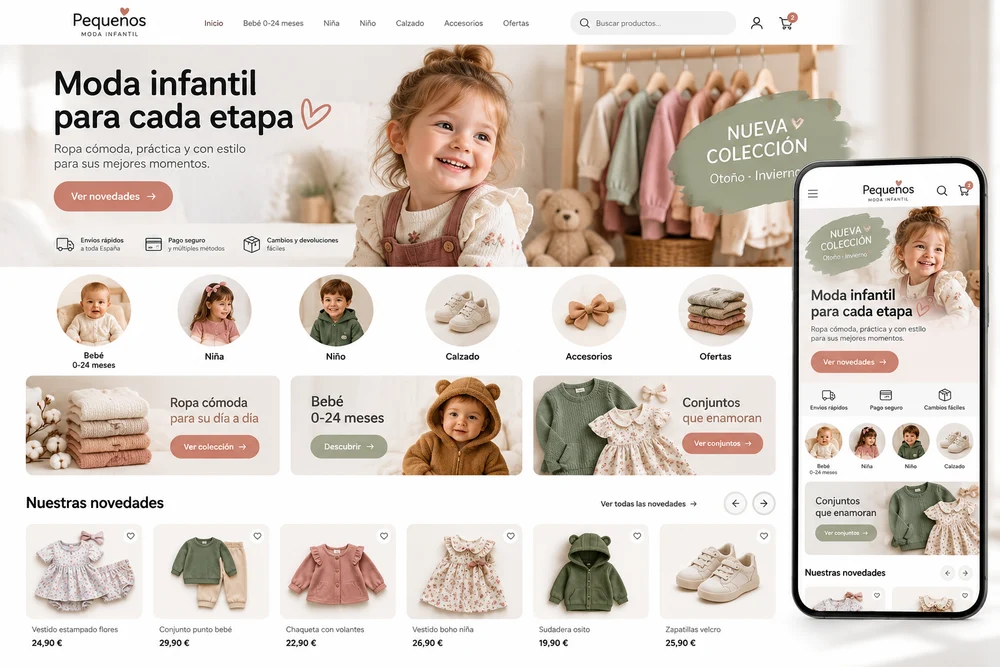 Ejemplo conceptual de tienda de moda infantil y su adaptación a móvil