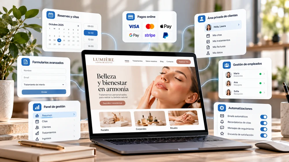 Ejemplo conceptual de una web ampliable con reservas, pagos y áreas privadas