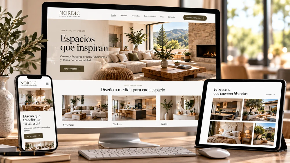 Ejemplo conceptual de web de interiorismo adaptada a ordenador, tablet y móvil